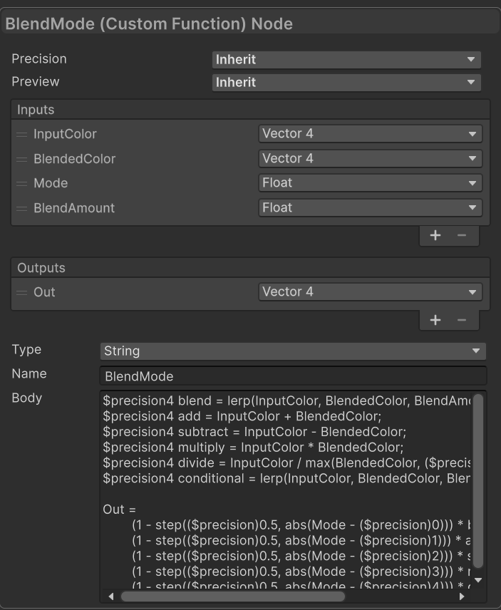 Custom BlendMode node selecting blend math from an enum-backed integer value.